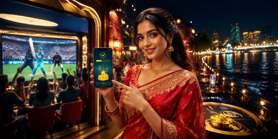 Woman in traditional attire enjoying online cricket betting